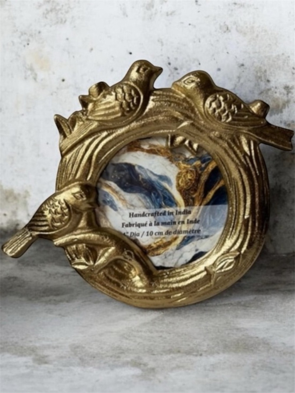 Gold Metal Round, Birds Decorated Picture Frame 4” Diameter